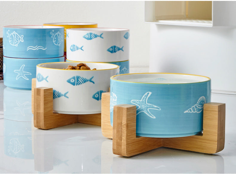 Color-Glazed Ceramic Bowl with Bamboo Stand