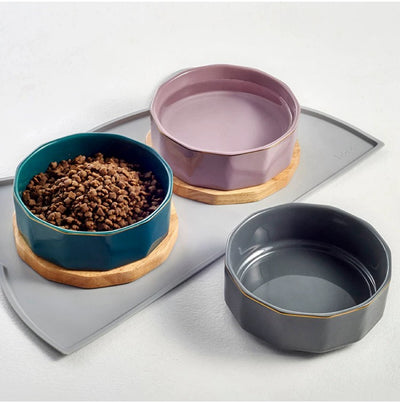 Elegant Ceramic Pet Bowl with Oak Base