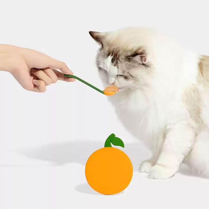 Cat using a VETRESKA Tangerine spoon to serve wet food