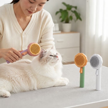 Aiwo purple, green and white self-cleaning pet brushes in a home cat-grooming scene [Gallery: Shared]