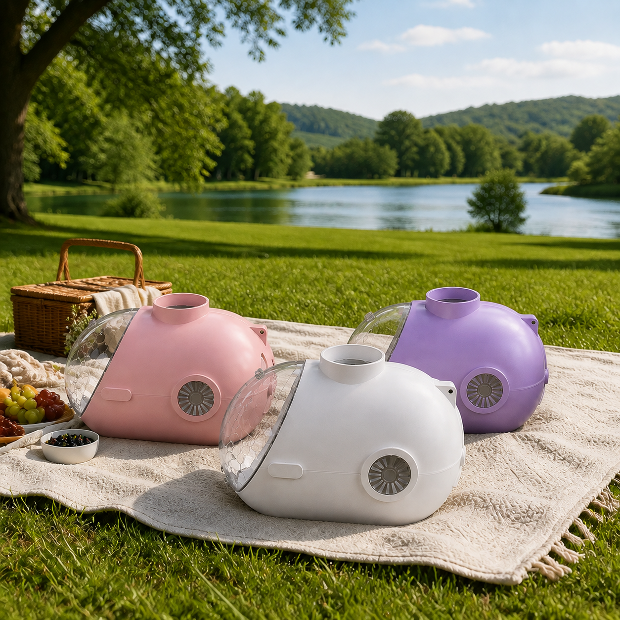 AIWO white, pink and purple capsule pet carriers at a lakeside picnic [Gallery: Shared]