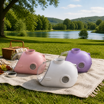 AIWO white, pink and purple capsule pet carriers at a lakeside picnic [Gallery: Shared]