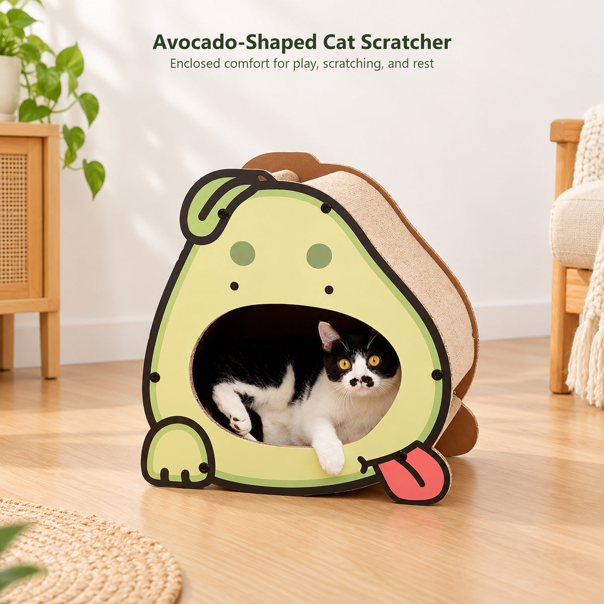 Avocado-shaped cat scratcher house with a cat inside, made for play, scratching, and rest