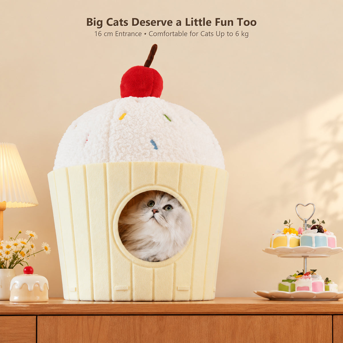 Cat relaxing inside a yellow cupcake-shaped cat house with 16 cm entrance and up to 6 kg guidance [English revision]