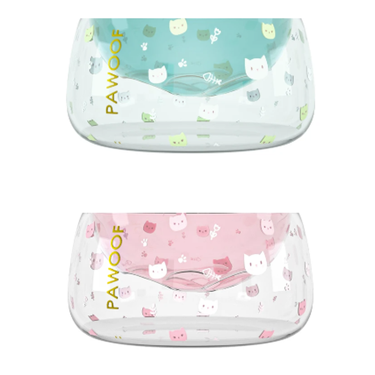 Pawoof double-layer glass cat bowl set in Pink and Green on a white background