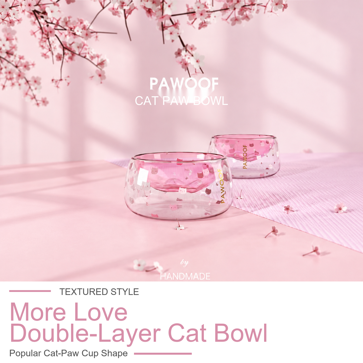 Pawoof double-layer glass cat bowl set with two pink bowls