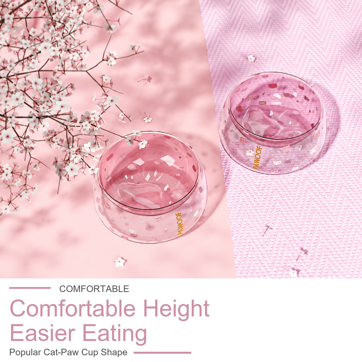 Pawoof pink glass cat bowls shown from different angles