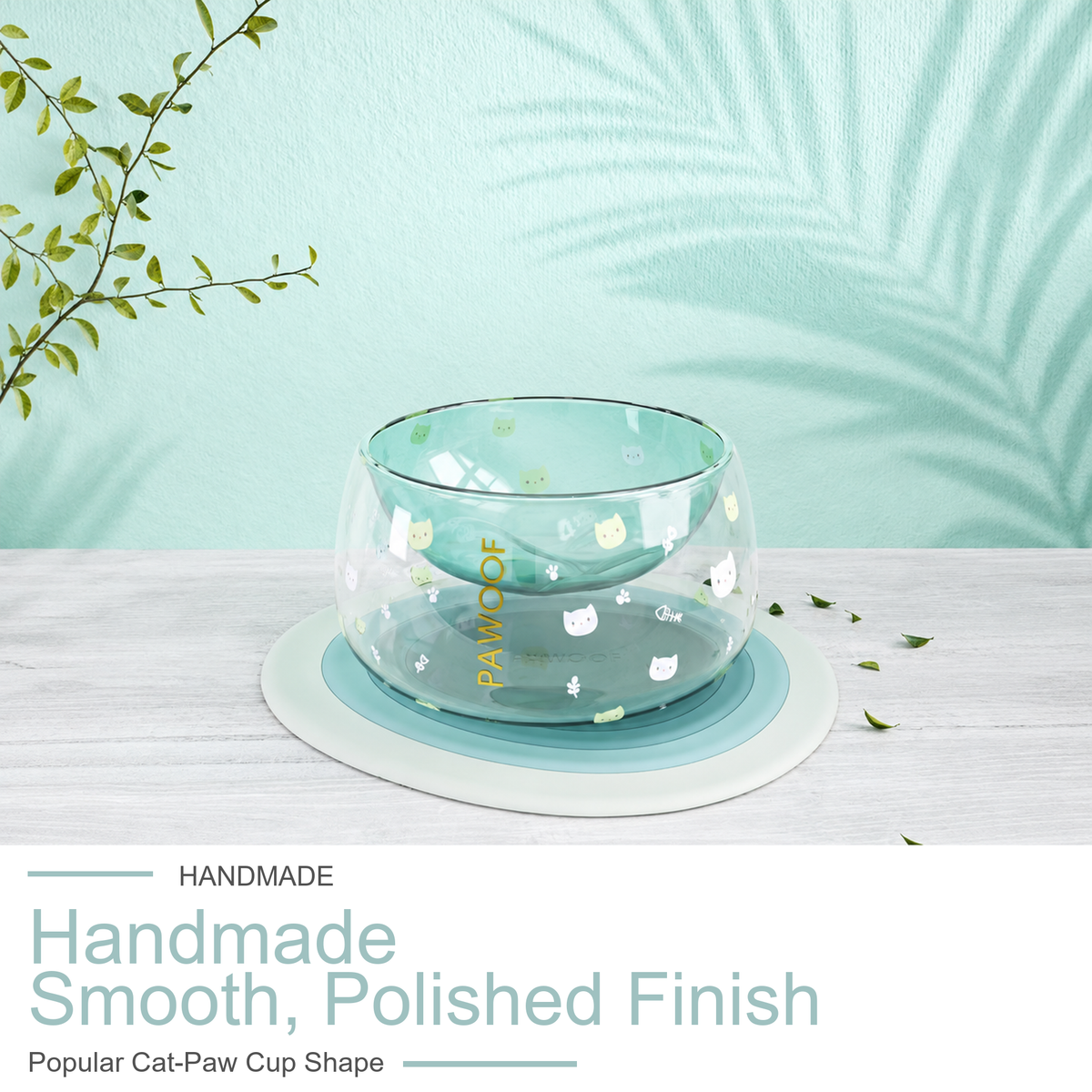 Pawoof green handmade glass cat bowl detail