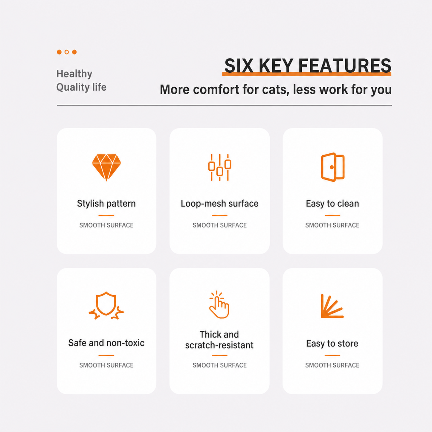 Six key features of the 50 x 80 cm washable cat litter mat, English-translated source graphic [Gallery: Shared / Features]