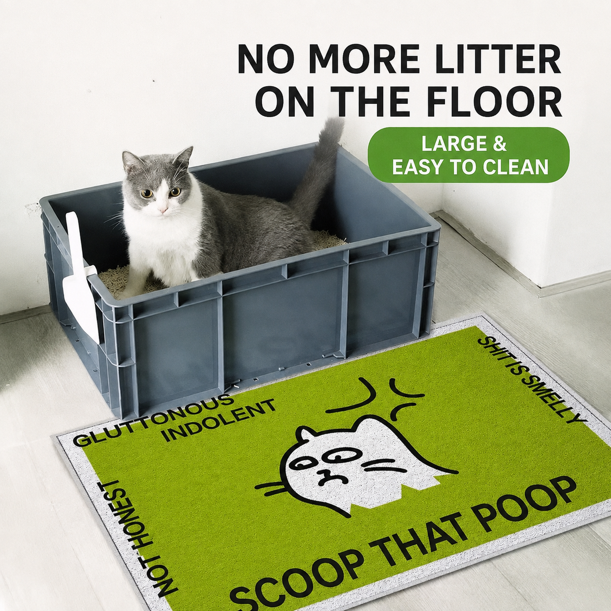 Cat using an open litter box beside a green litter-catching mat [Gallery: Shared / Lifestyle]