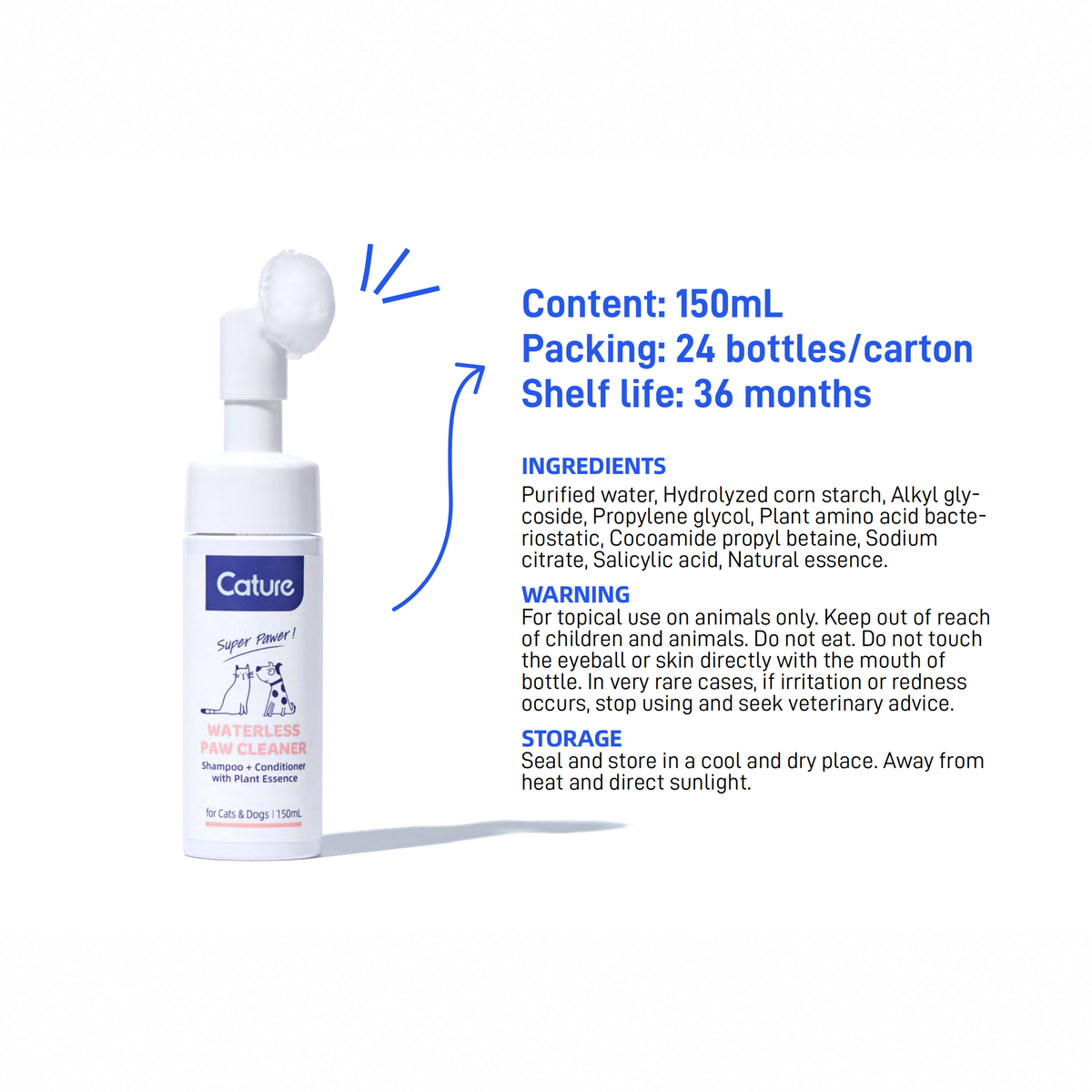 CATURE - Purelab Pet Dry Wash Paw Foam with Brush 150ml | source media 32960172130466 | content-safe square revision | TEXT_LAYOUT_REBUILD | textLayer=source-pixel-preserved | backgroundMode=locked-center-outpaint | 20260920-v1
