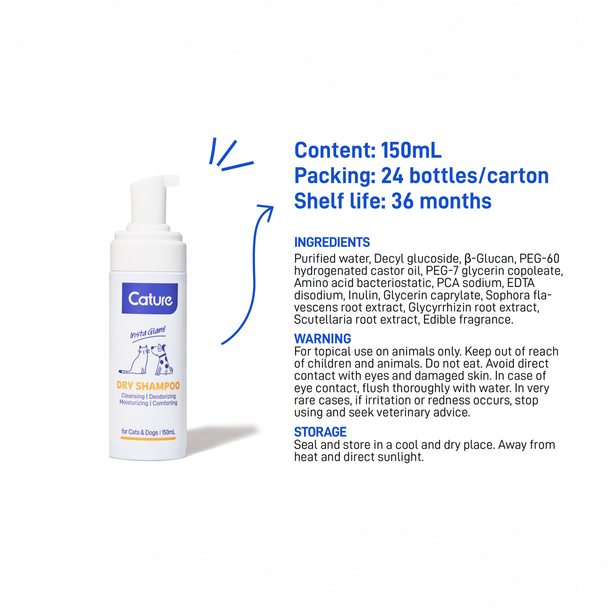 CATURE - Purelab Pet Dry Wash Shampoo 150ml | source media 32960175800482 | content-safe square revision | TEXT_LAYOUT_REBUILD | textLayer=source-pixel-preserved | backgroundMode=locked-center-outpaint | 20260920-v1