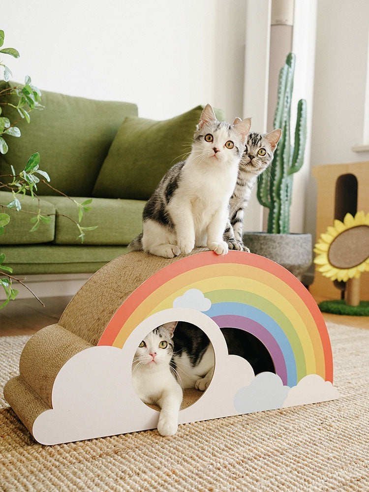 Rainbow Cat Scratcher Cardboard 2-in-1 Multifunctional Cat Scratcher Lounge Bed Cat Scratching Pad for Indoor Cats as Furniture Protector Cat Training Toy