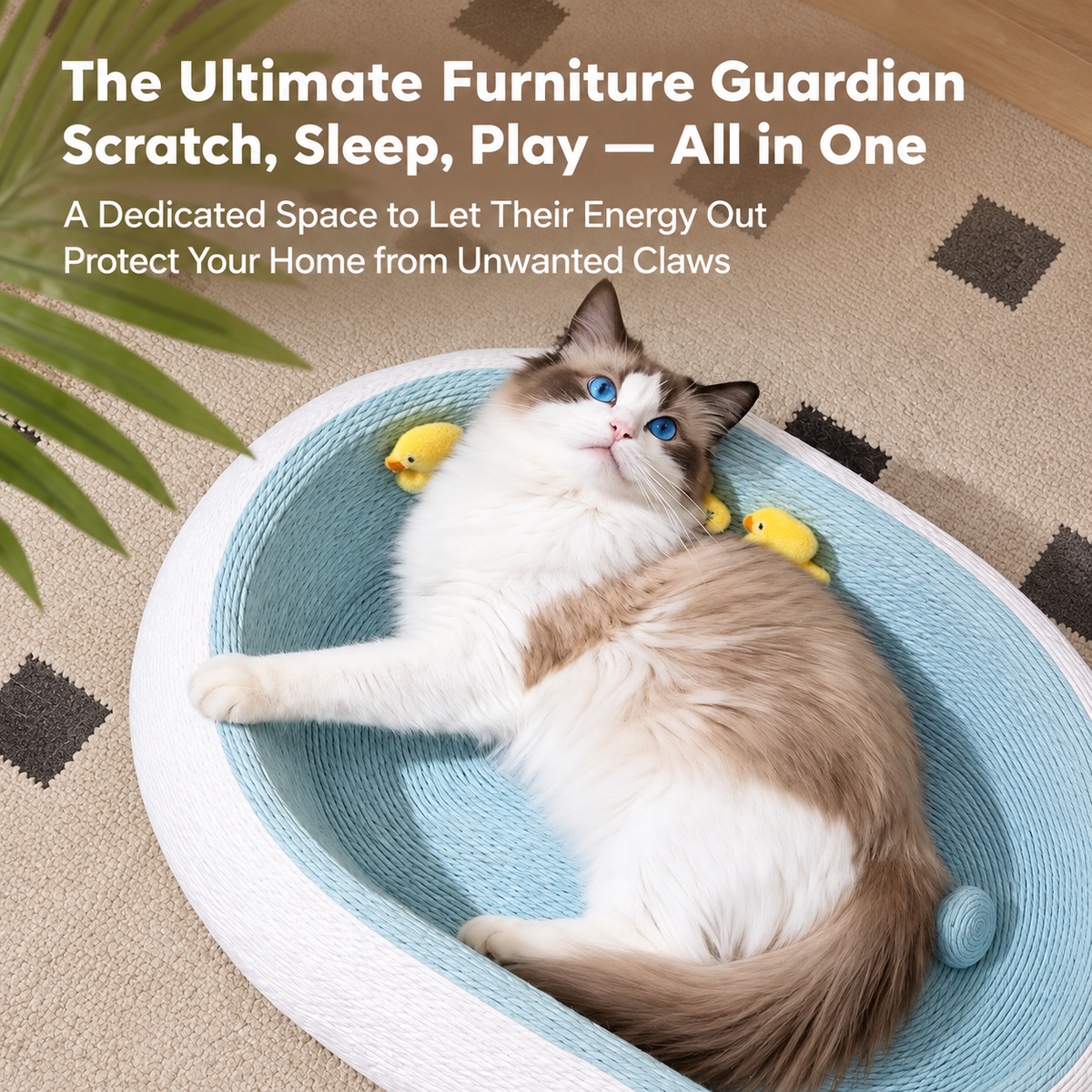 3-in-1 cat scratcher lifestyle feature: furniture protection and play