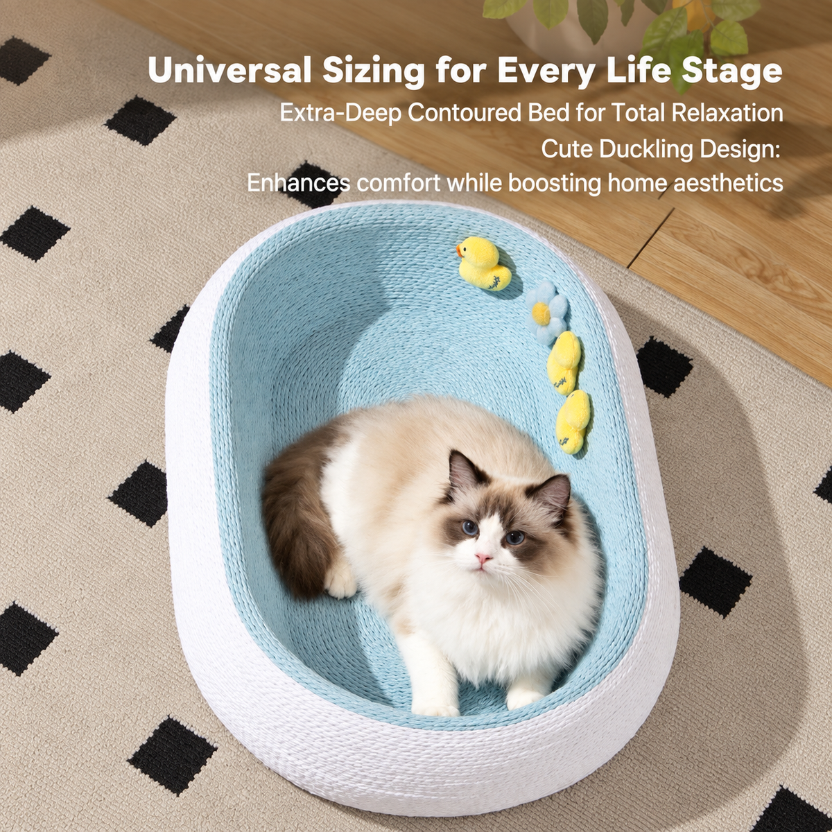 3-in-1 cat scratcher sizing and deep contoured bed feature