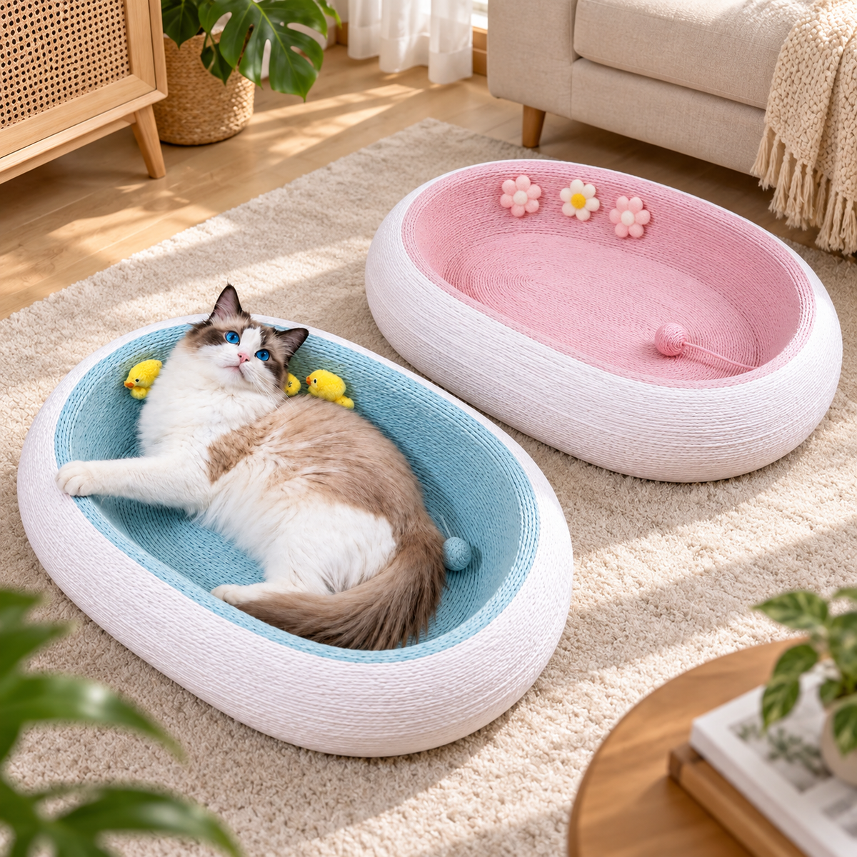 3-in-1 Deep-Dish Woven Cat Scratcher blue and pink variants lifestyle scene