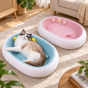 3-in-1 Deep-Dish Woven Cat Scratcher blue and pink variants lifestyle scene