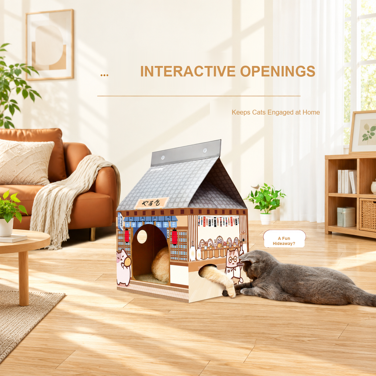 Deku cardboard cat house with interactive openings for indoor cats