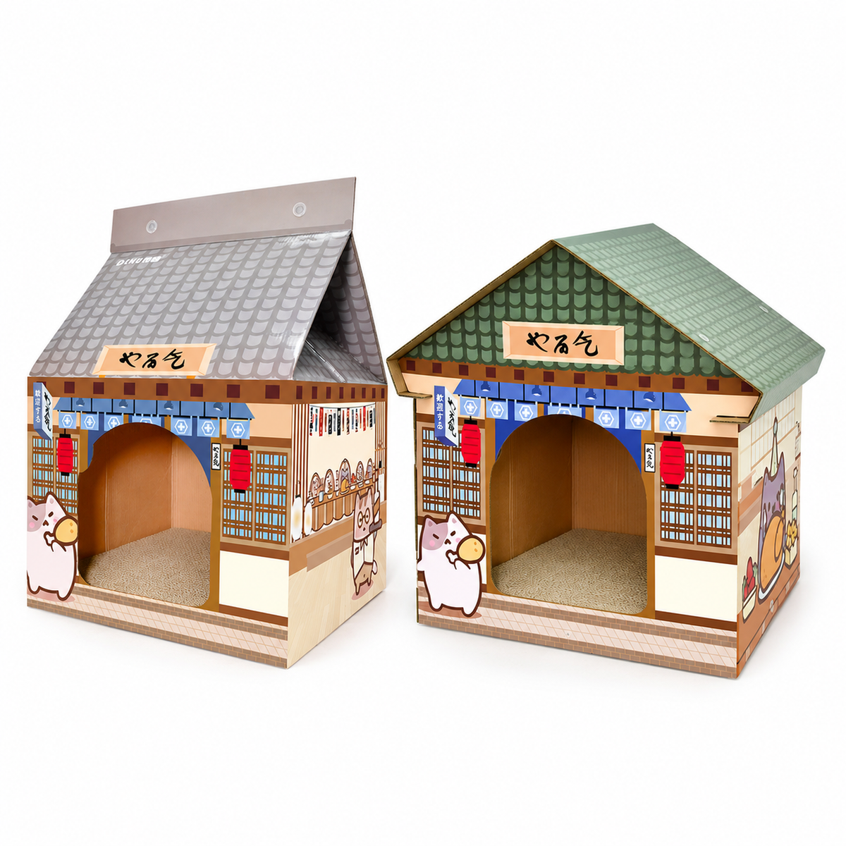 Deku cardboard cat scratcher house with Deep Night Diner and Large A-Frame styles