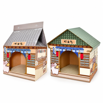 Deku cardboard cat scratcher house with Deep Night Diner and Large A-Frame styles