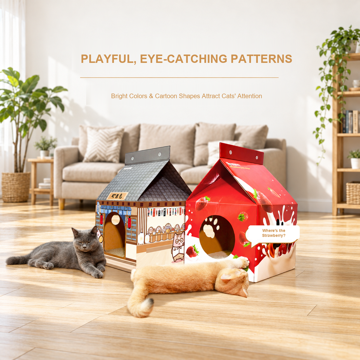 Deku cardboard cat scratcher house with playful eye-catching patterns
