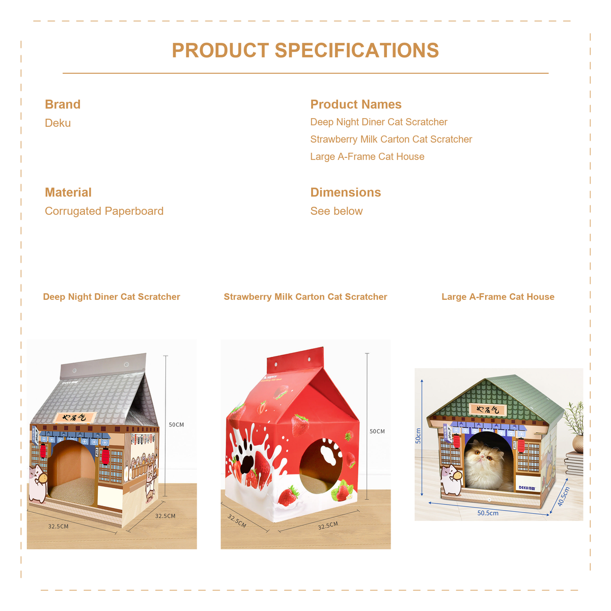 Deku cardboard cat scratcher house product specifications and dimensions