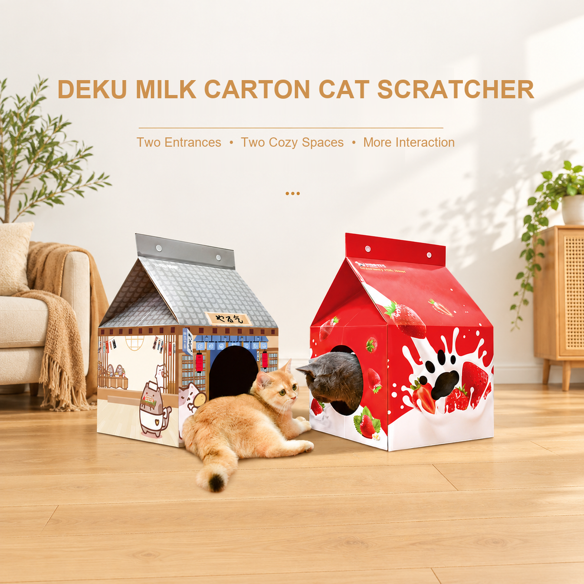 Deku cardboard cat scratcher house with two entrances and double-sided scratching surface