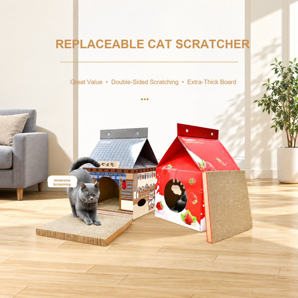 Deku cardboard cat scratcher house with replaceable scratching board