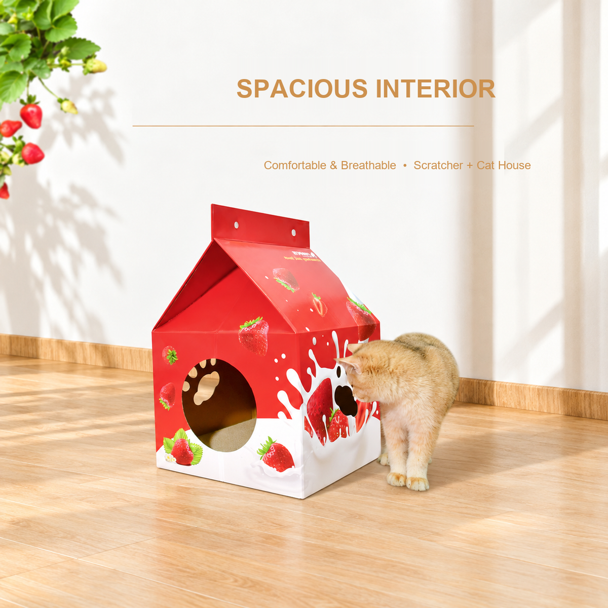 Deku Strawberry Milk Carton cat house with a spacious interior