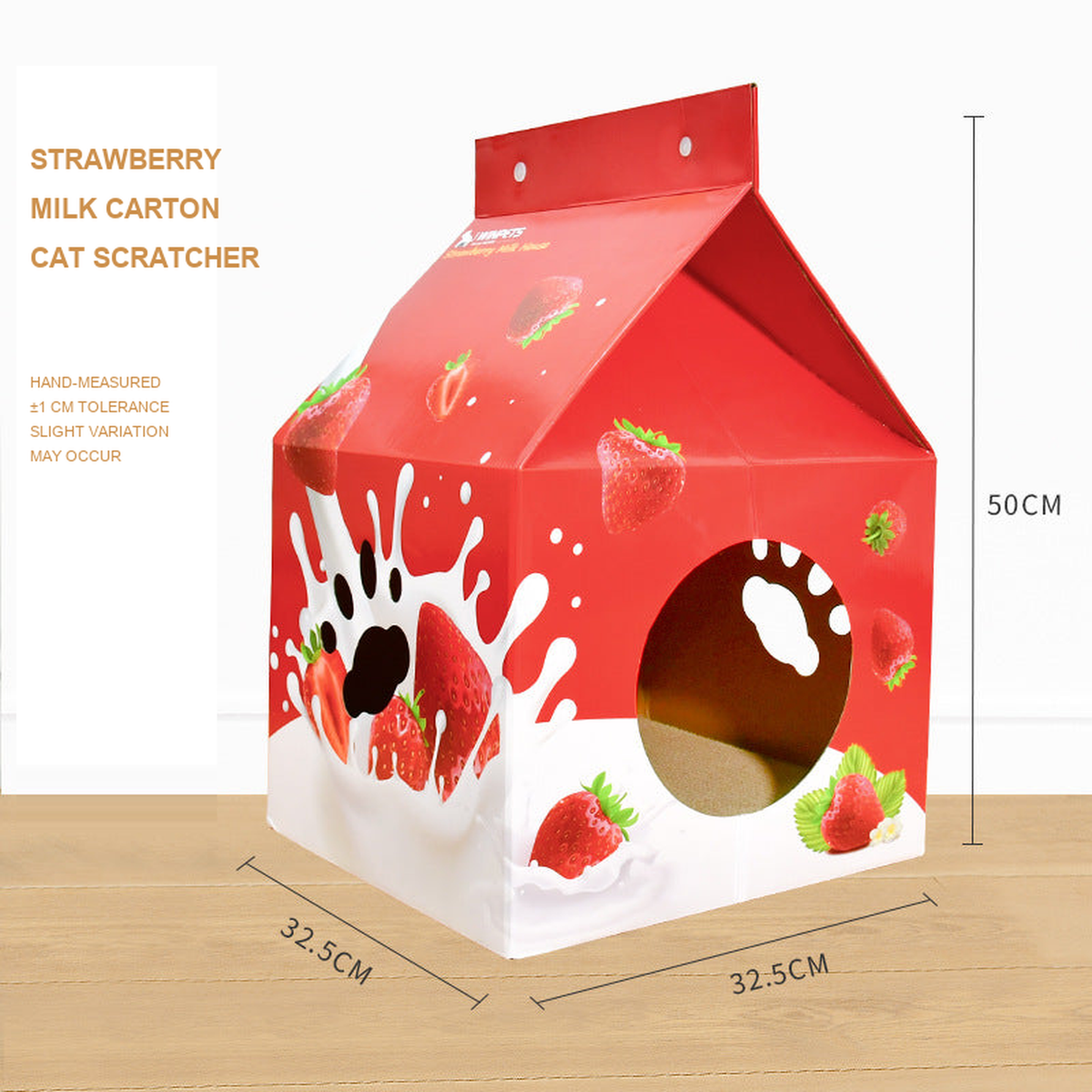 Deku Strawberry Milk Carton cat scratcher house, 50 cm high, 32.5 cm wide and deep