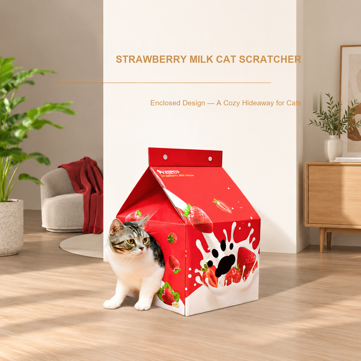 Deku Strawberry Milk Carton cardboard cat scratcher house