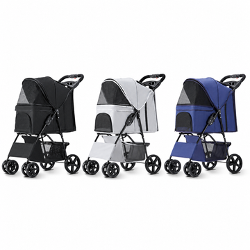 Black, light grey and navy blue jogging pet strollers on a white background [Gallery: Shared]