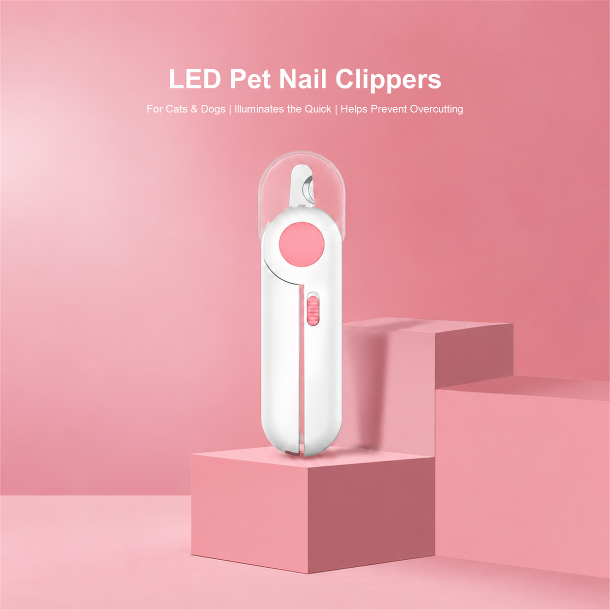 Pakeway LED pet nail clippers product detail with a pink studio background