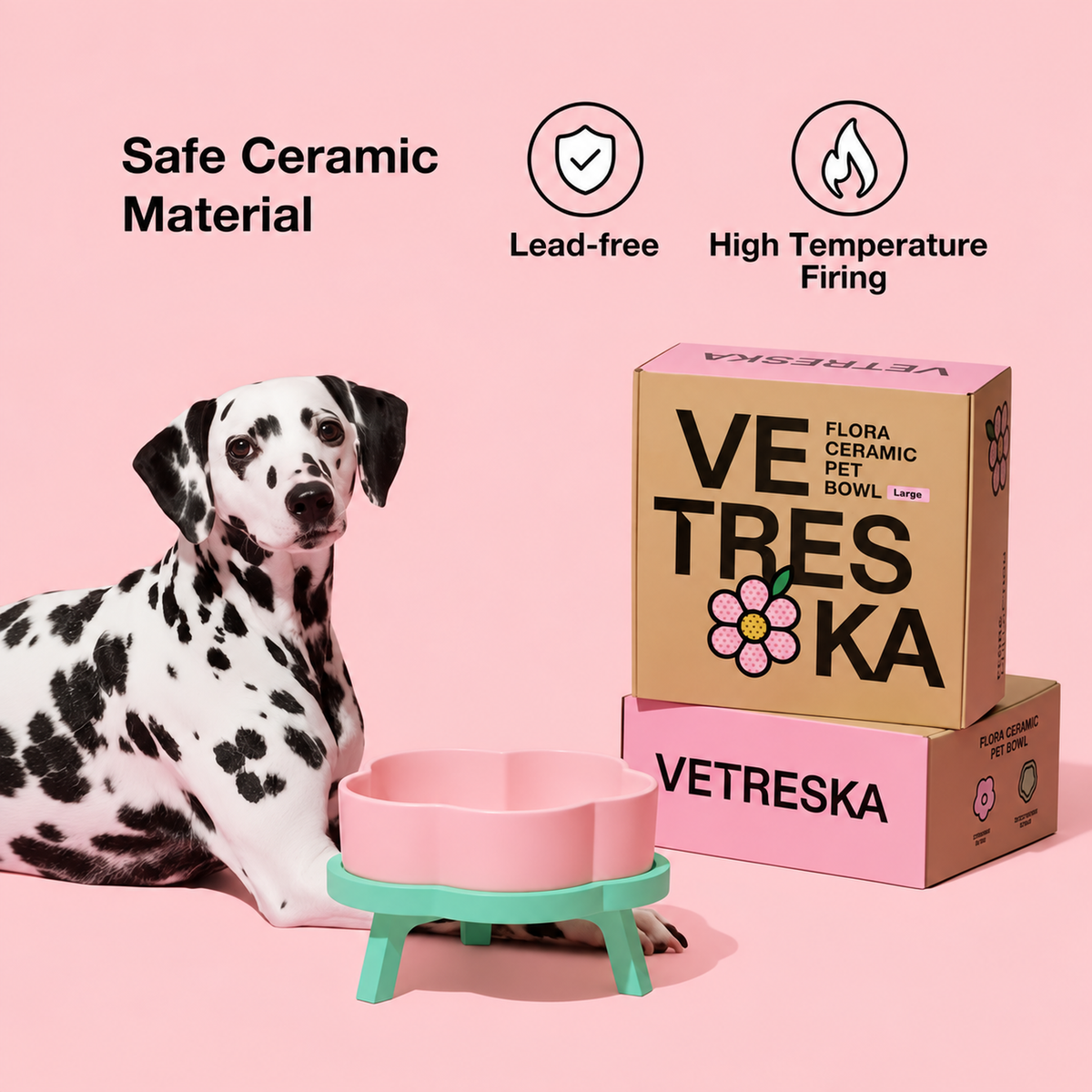 VETRESKA Ceramic Raised Pet Bowl Elevated Pet Food Water Bowl Stand Pink Pet Feeding Dish | detail correction 3 | TEXT_LAYOUT_REBUILD | collection 20260919