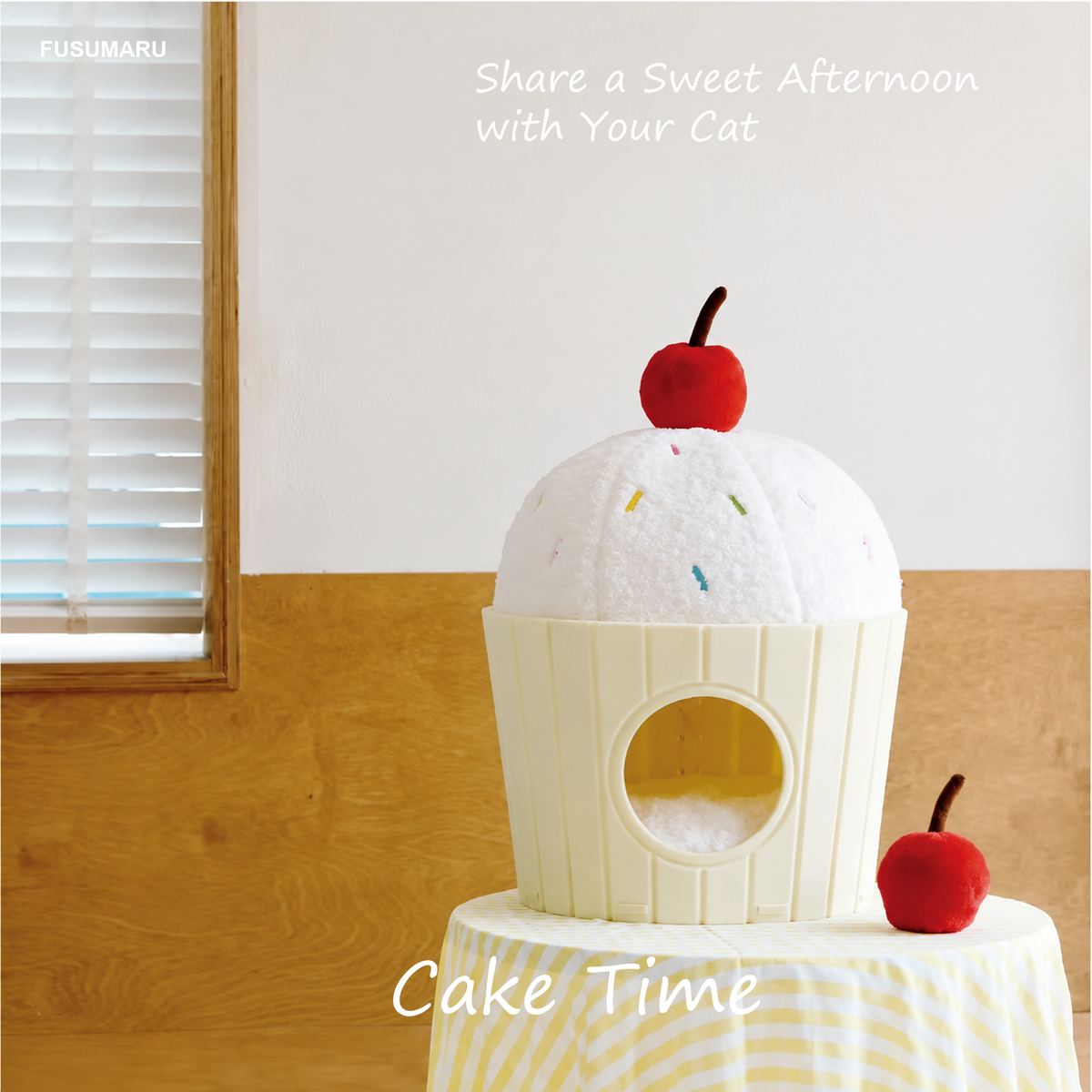 Afternoon tea cupcake cat house lifestyle scene with English text layout [English revision]