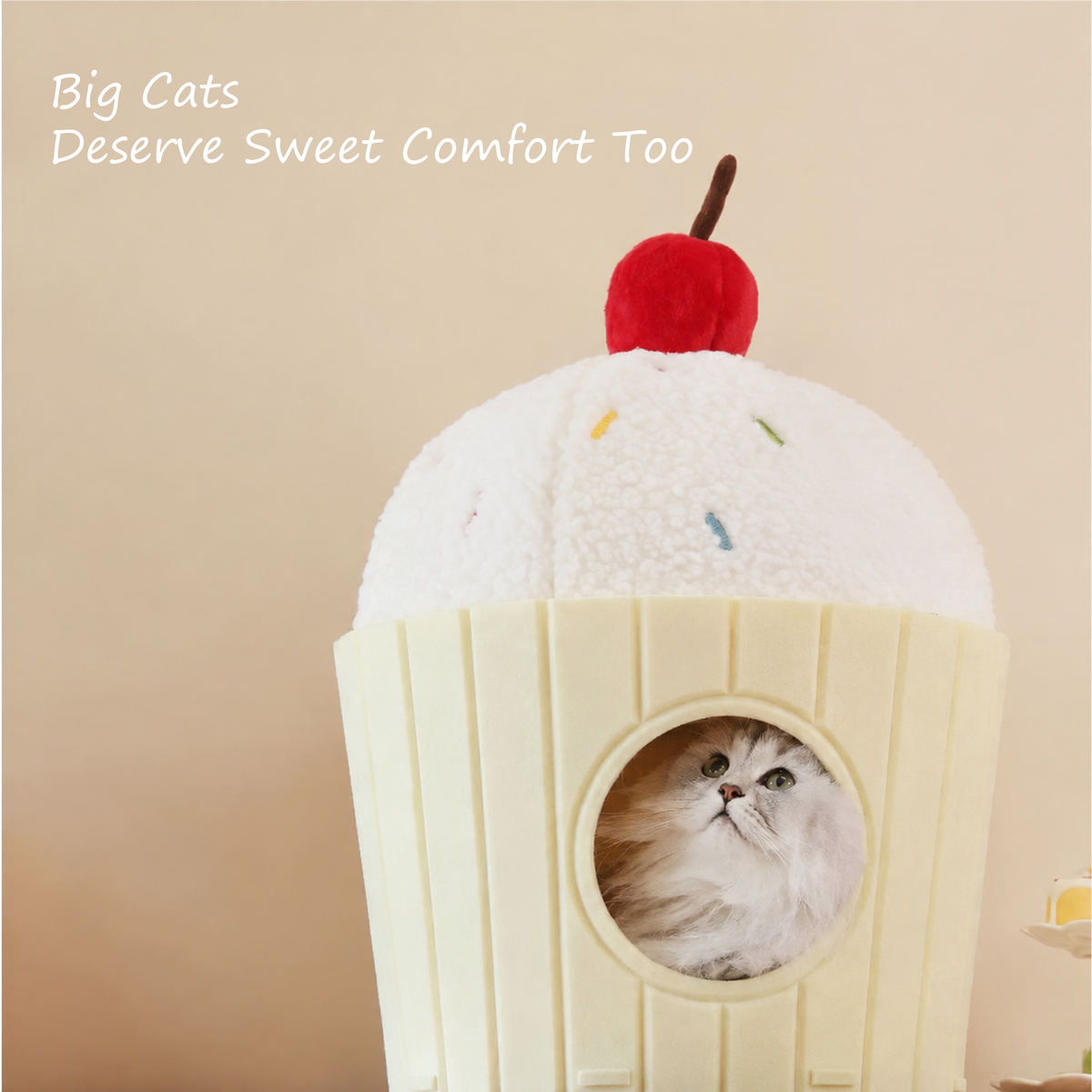 Large cat relaxing inside a yellow cupcake cat house [English revision]