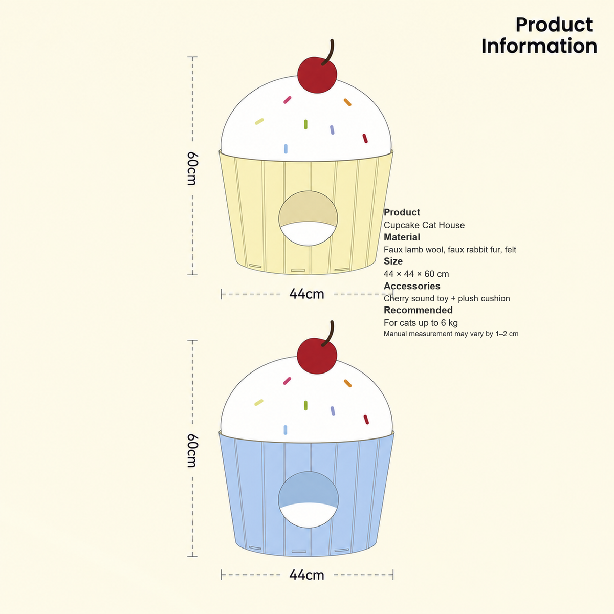 Cupcake cat house product information with 44 by 44 by 60 centimetre dimensions [English revision]