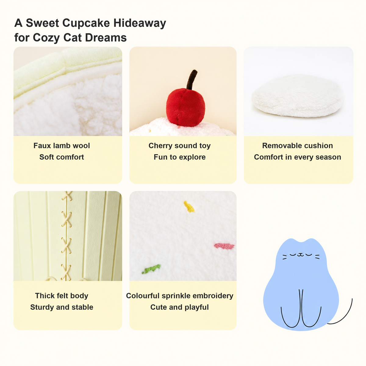 Cupcake cat house materials and comfort features in a five-panel graphic [English revision]