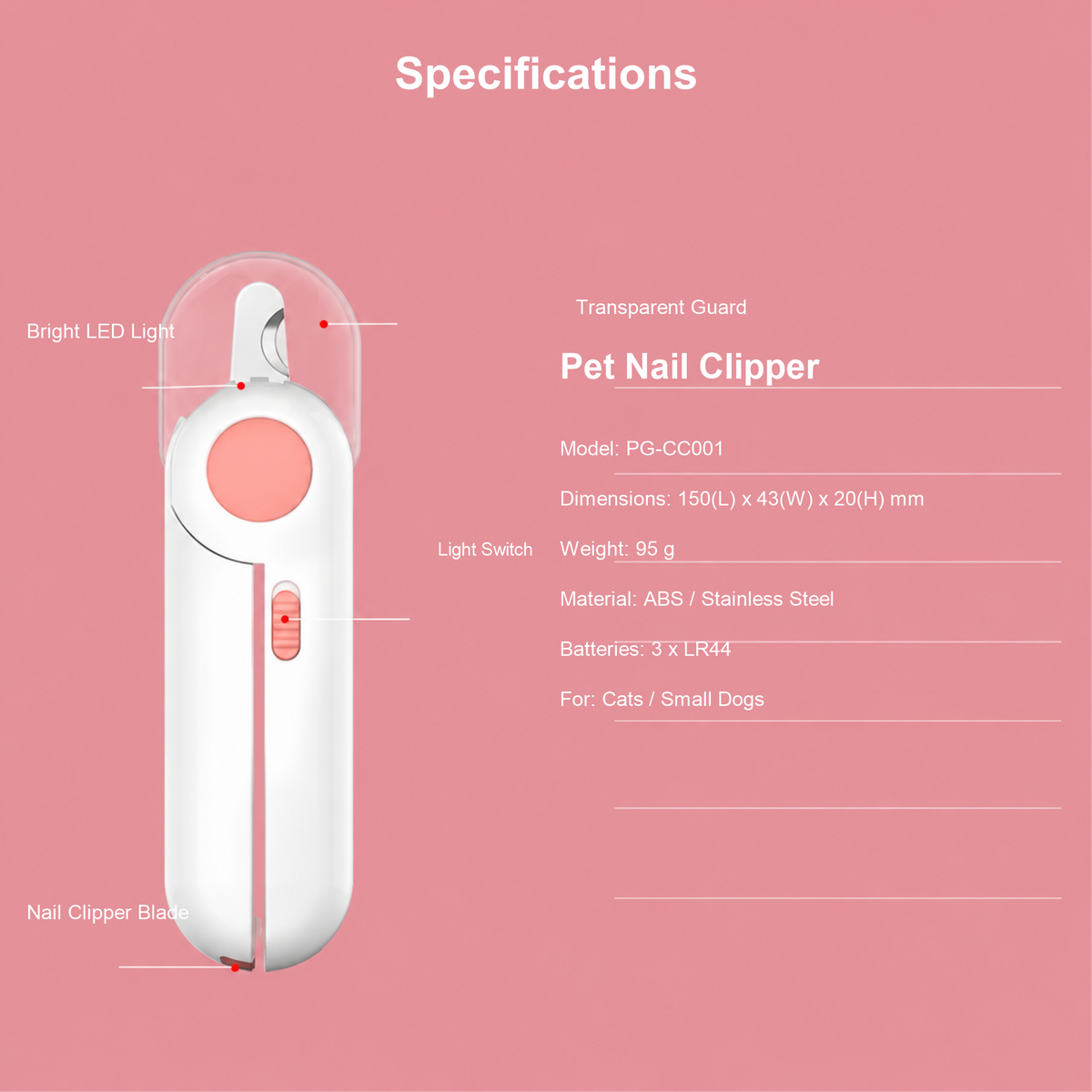 Pakeway LED pet nail clipper product specifications