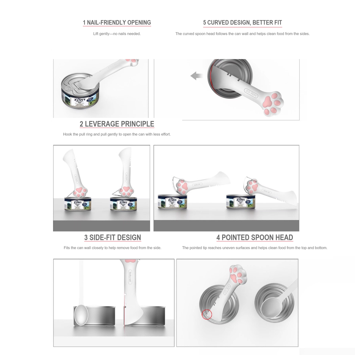 Corrected English feature guide for a paw-shaped pet food can opener