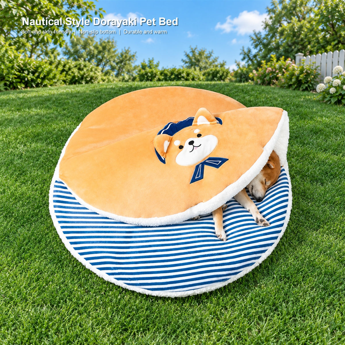 English overlay revision v2 | Dorayaki pet bed usage scene | natural 1:1 composition | source media 03