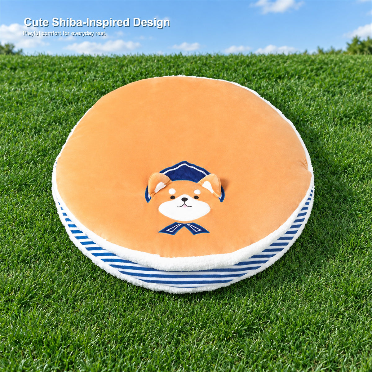 English overlay revision v2 | Dorayaki pet bed Shiba-inspired design | natural 1:1 composition | source media 05