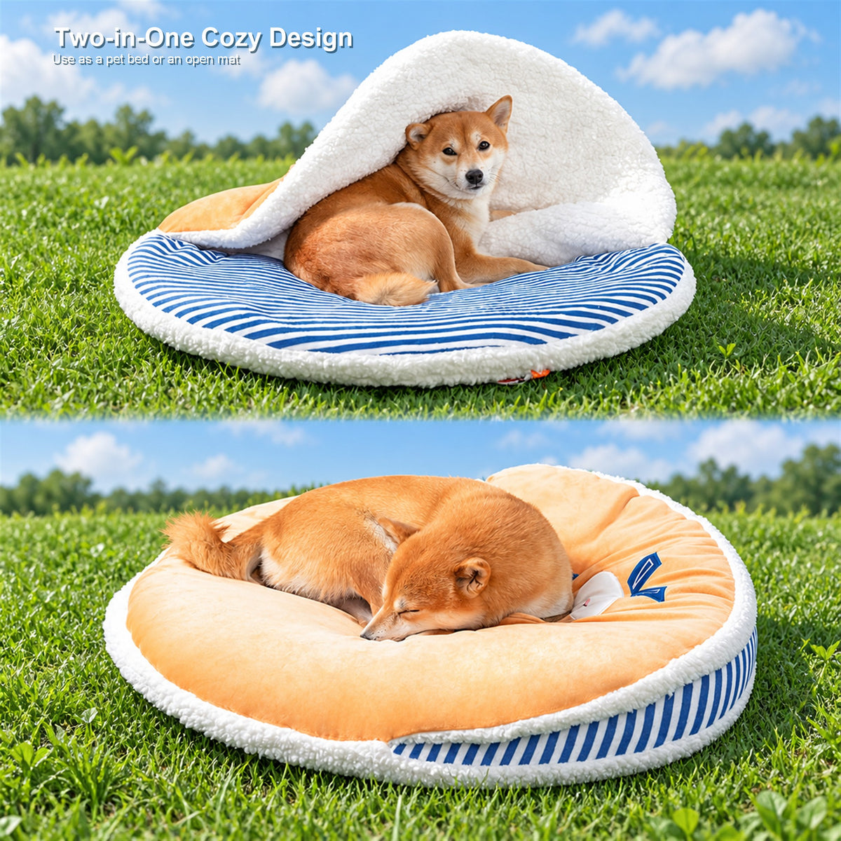 English overlay revision v2 | Dorayaki pet bed two-in-one design | natural 1:1 composition | source media 08