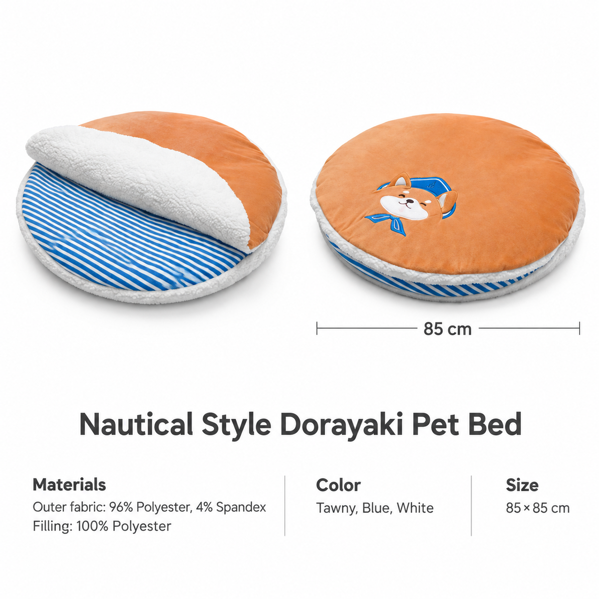 English dimensions and materials revision v2 | Nautical Style Dorayaki Pet Bed | 85 x 85 cm | pure white 1:1 composition | no text card