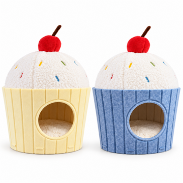 Cupcake cat house in yellow and blue colour options on a white background