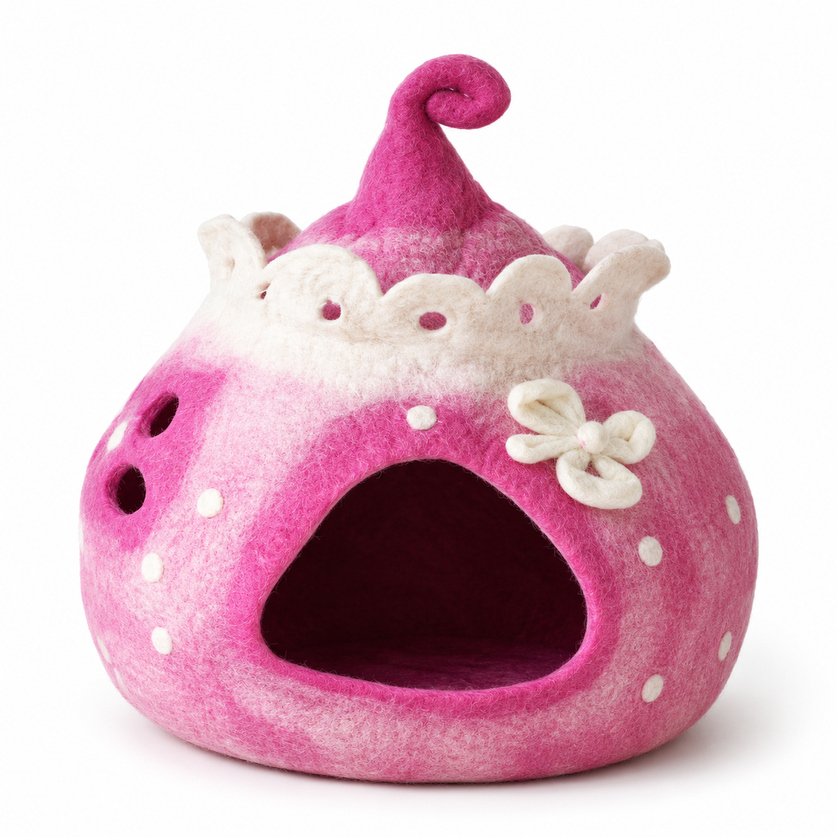 White background pink flower fairy felt cat cave for cats