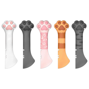 Corrected five-colour paw-shaped manual pet food can opener on a white background