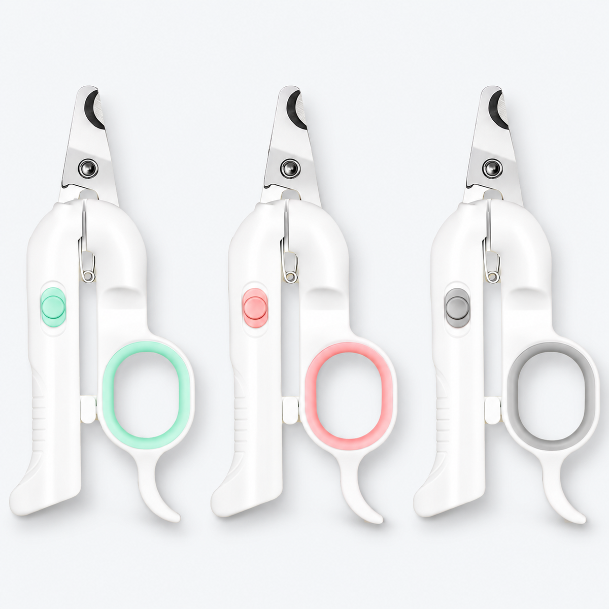 Pakeway dual-light pet nail clipper in three colours on a clean white background