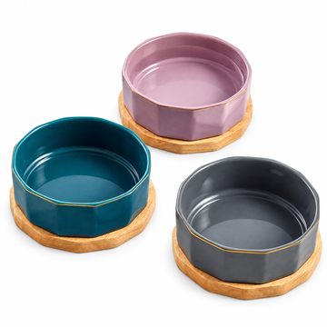 Elegant Ceramic Pet Bowl with Oak Base | clean white SKU hero | FULL_FRAME_OUTPAINT | collection batch1
