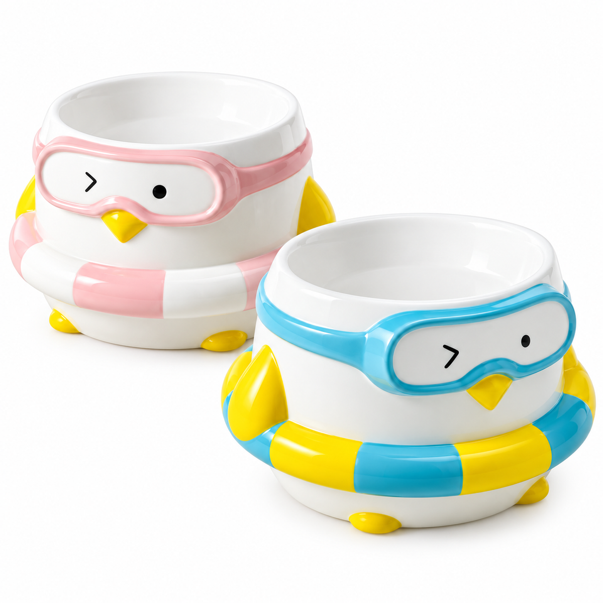 Penguin Swim Ring Ceramic Pet Bowl | clean white SKU hero | FULL_FRAME_OUTPAINT | collection batch1